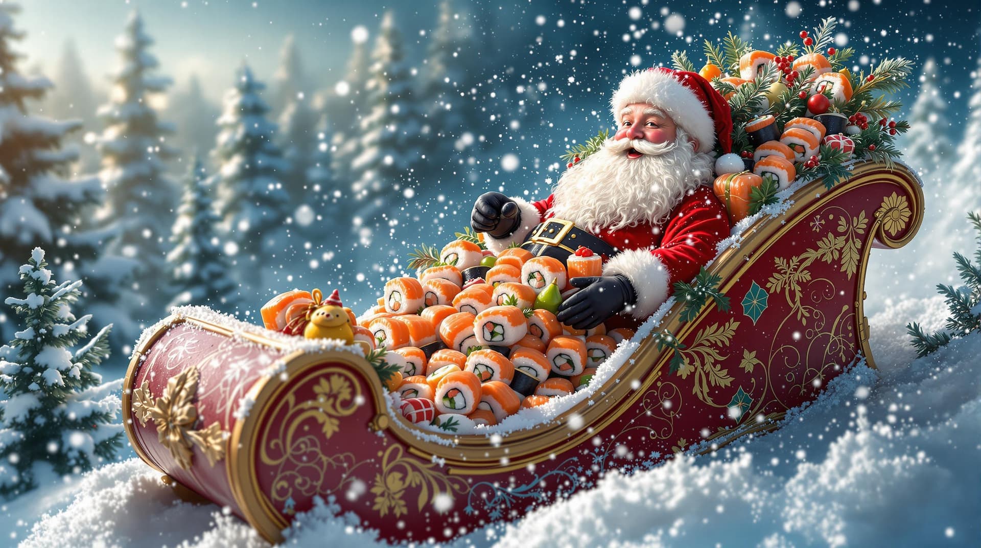 AI generated: santa claus sleigh full of sushi. sushi is inside typical santa bags