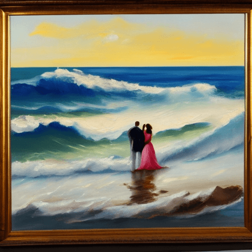 AI generated: Oil painting of seascape with a man and a female in love, style of Michel Keck, thick brush strokes.