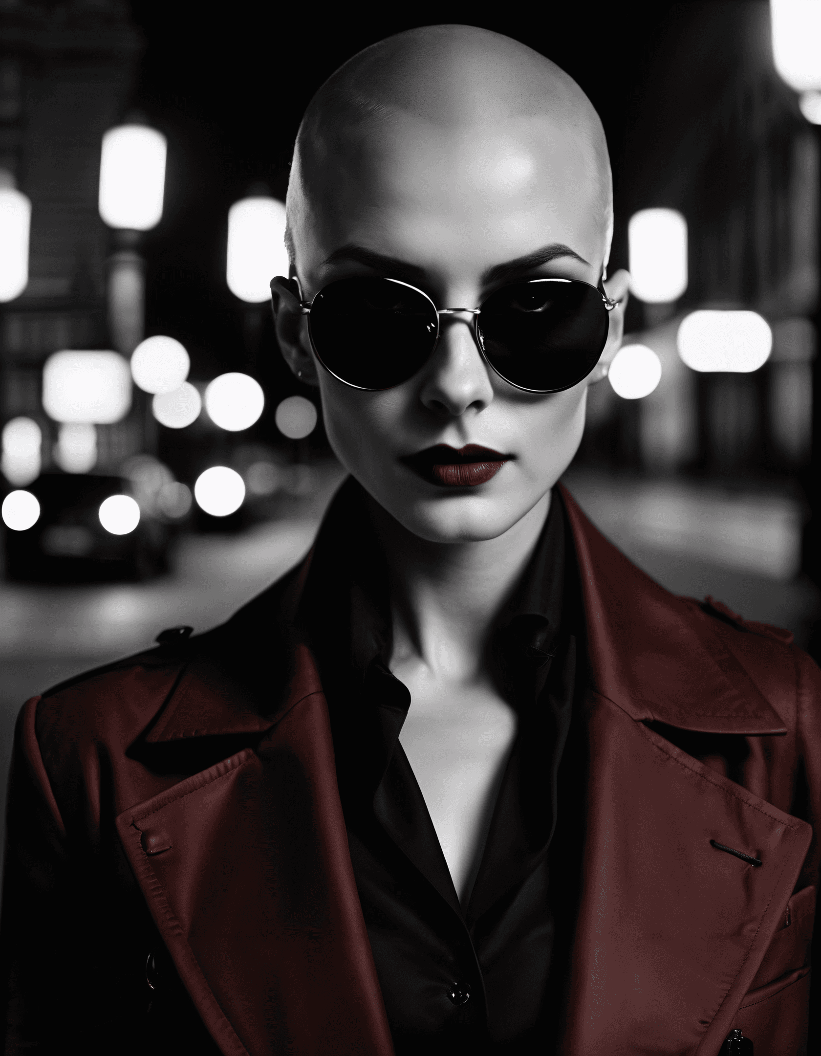 AI generated: B&W Photo , Female vampire, Clan Tremere, beautiful face, she is completely ((bald)), she has no hai...