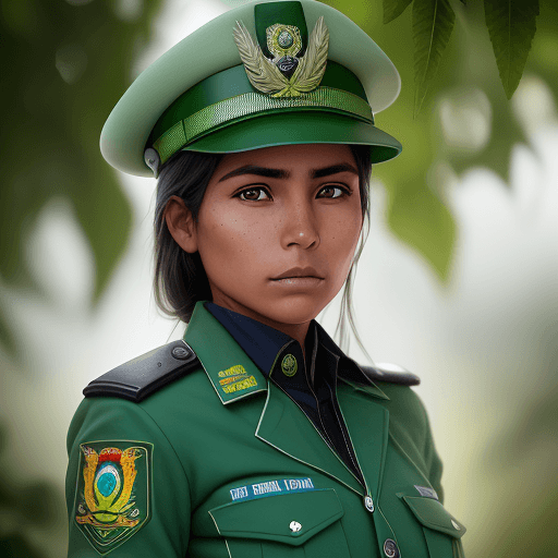 AI generated: bolivian female young police, wearing bolivian green cop uniform, 4k, chewing green leafs, photoreal...