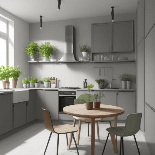 AI generated: a small kitchen with a gray kitchen set, light floor, gray wooden walls, with a round table in the m...