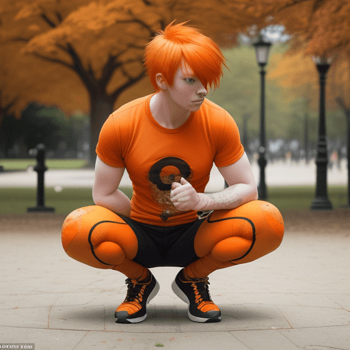 AI generated: "An artistic composition featuring a person with orange hair casually squatting in a park, capturing...