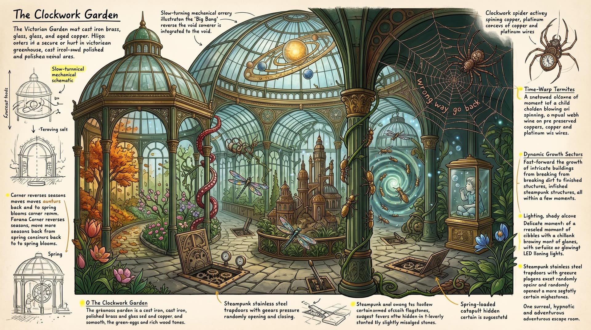 AI generated: Ornate greenhouse, clockwork and time theme, wide establishing shot capturing the full structure, in...