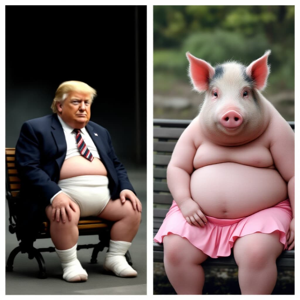 AI generated: Donald Trump wearing diapers, and a fat sow with lipstick sitting on a bench, wearing a short skirt,...