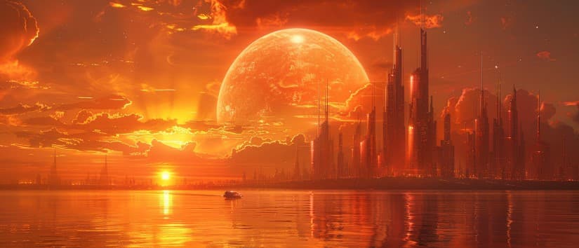 AI generated: J.M.W. Turner, A spaceship coming into dock into a sci fi city at sunset, --s 480 --ar 21:9 --v 6