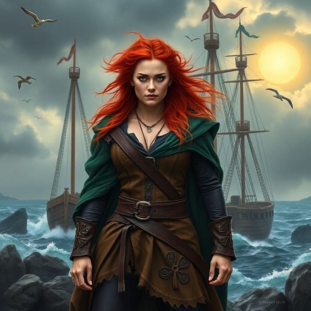AI generated: Gráinne O'Malley, the legendary Irish pirate queen, stands defiantly at her rugged sea port, her sta...