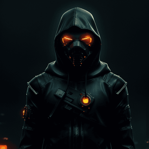 AI generated: cyberpunk, masked man, dark torn hood, dark rainy foggy night, intricate dark and chrome damaged arm...