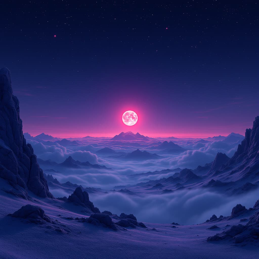 AI generated: neo-fantasy landscape, 8k resolution, red moon, no humans, night, sky, glowing, full moon, cloud fut...