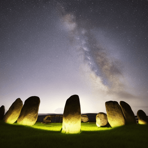 AI generated: an ancient stone circle at night, silhouetted against a star filled sky, (photorealistic:1. 4), the ...