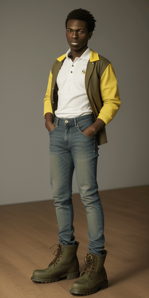 AI generated: [[[((clothing with the smallest details)), a 24-year-old black man, very short hair, white polo shir...