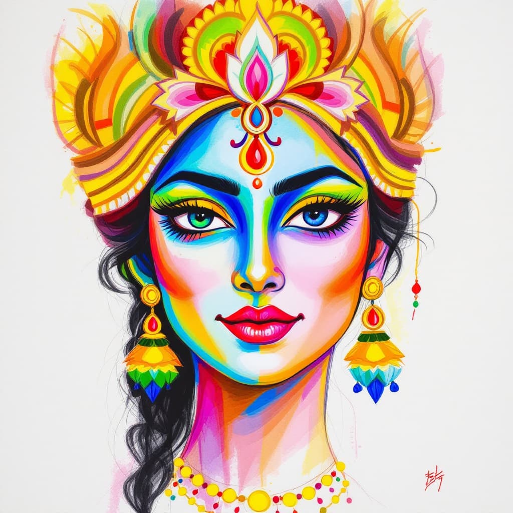 AI generated: a colorful sketch of a face which is half "Ma Durga" and half a Modern bengali woman.