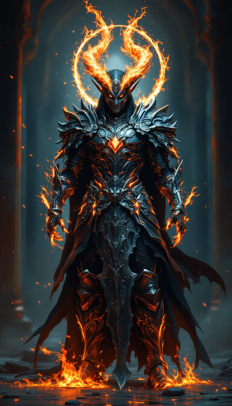 AI generated: Male belial demon in beauty armor. Fire skin,
Many detailled, accessories, King, heel, 