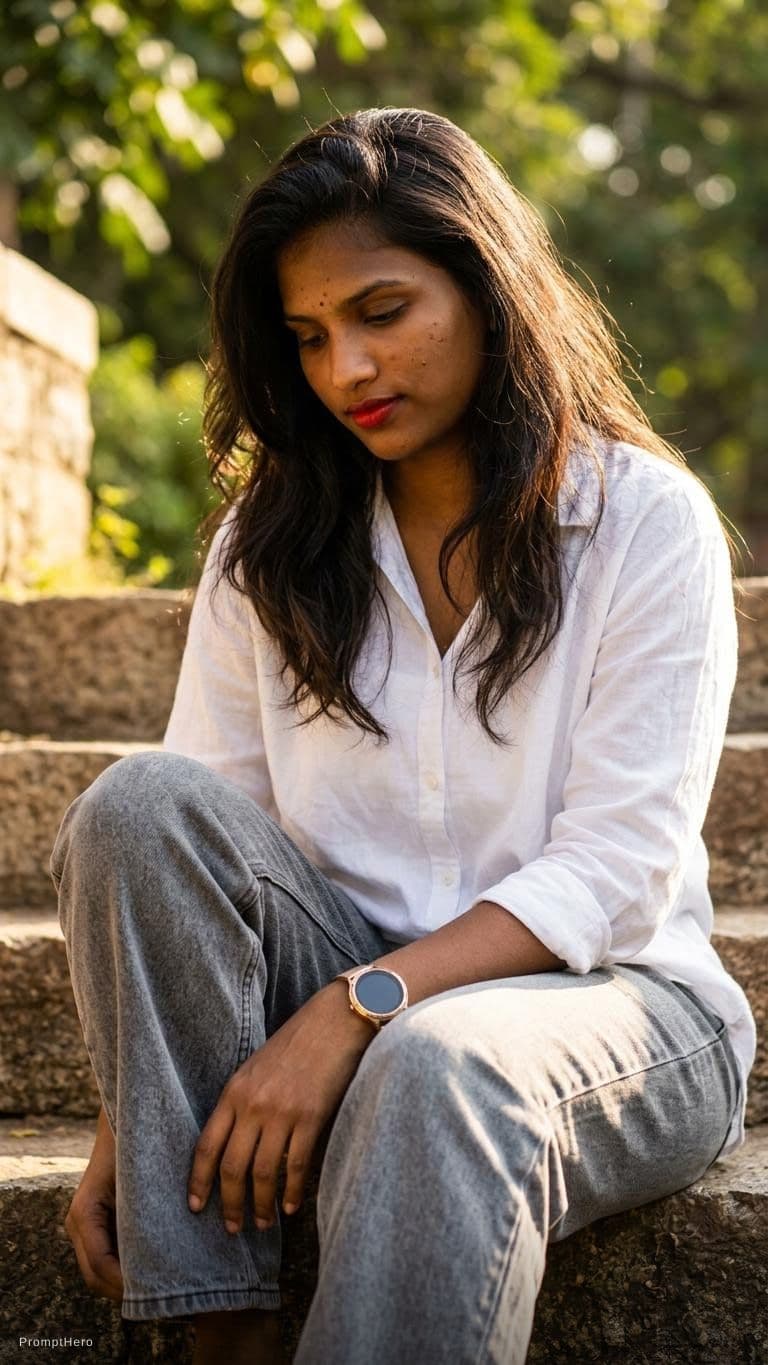 AI generated: Convert into face little bit down sun light on face sitting on steps . With grey lose jeans and whit...