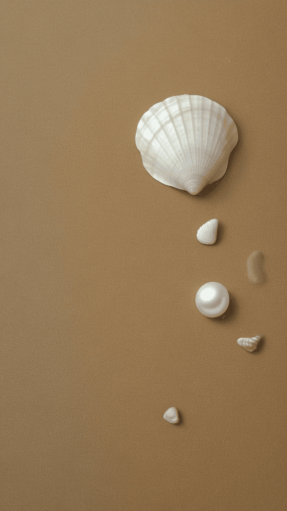AI generated: sea sand and pebbles, open shell with a pearl