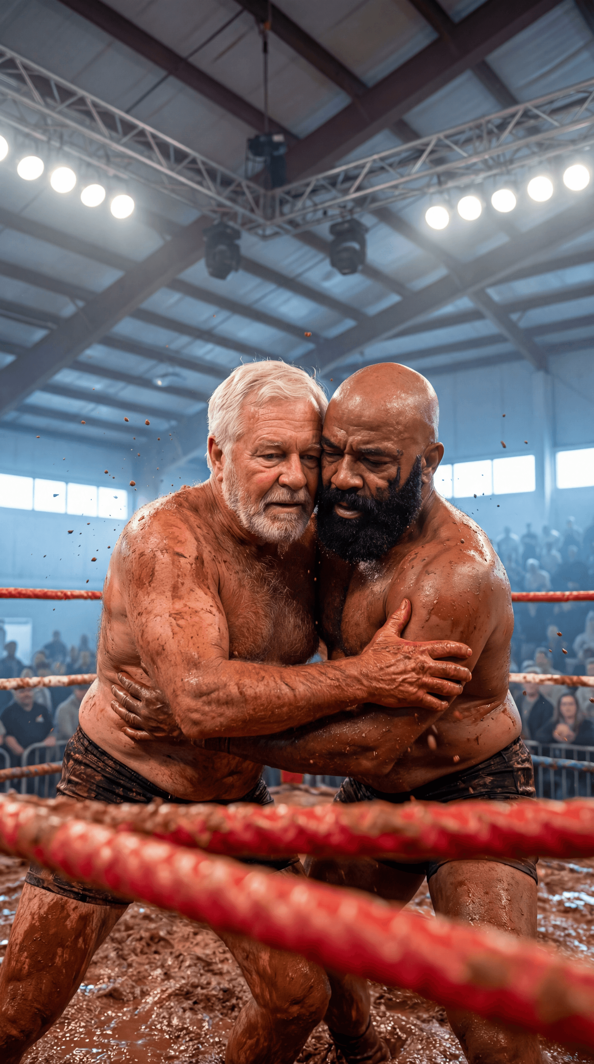 AI generated: REALISTIC SPORTS EVENT PHOTOGRAPH — INDOOR ARENA BOXING RING — RED CLAY MUD WRESTLING — VERTICAL 9:1...