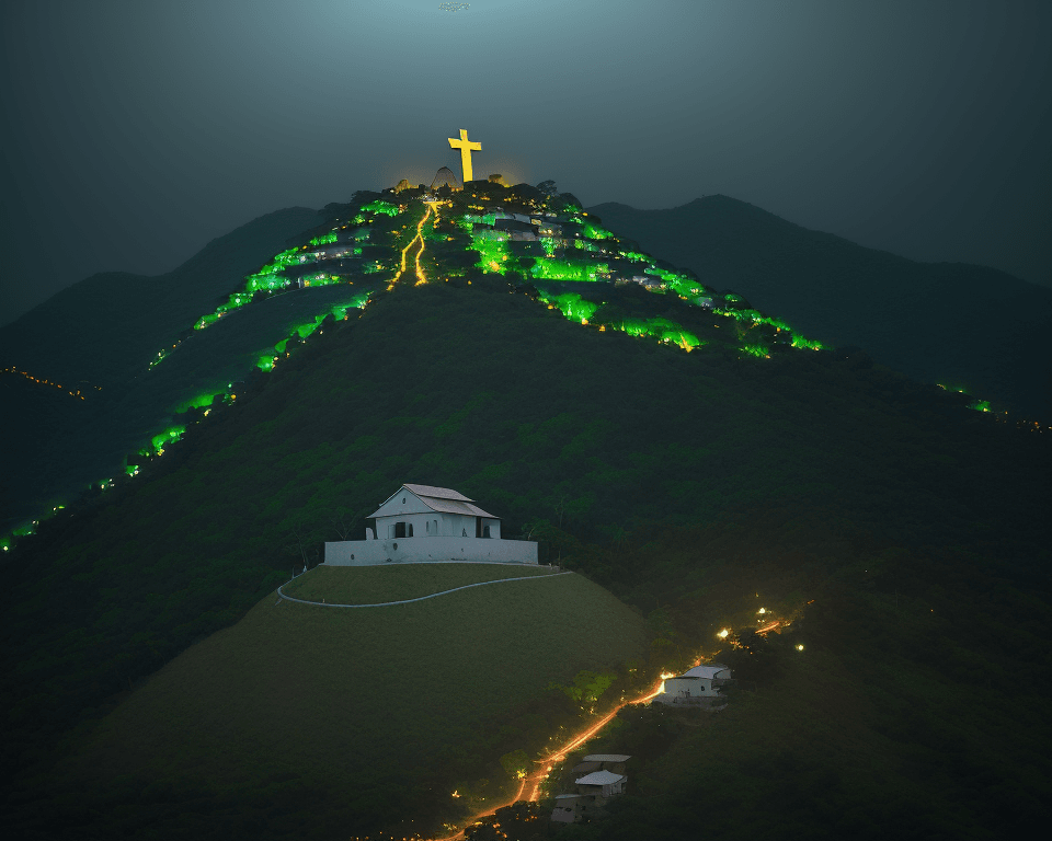 AI generated: a hill full of green trees with a wooden holy cross at the top of the hill, lights from the sky surr...