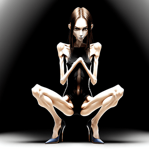AI generated: squatting position of extreme skinny slender anorexic girl very skinny slender girl, with long curve...