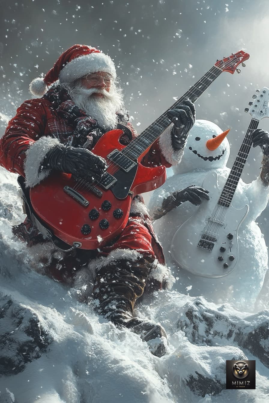 AI generated: hyper-realistic cinematic winter scene of Santa Claus rocking a red electric guitar next to a snowma...