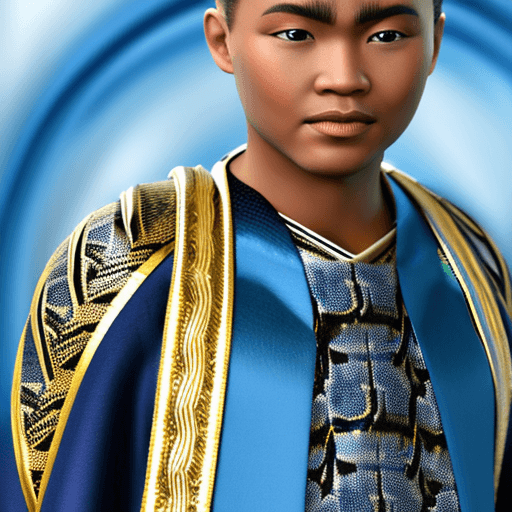 AI generated: young male asian disciple with vitiligo in a braid with bangs, in black and light blue robes, vitili...