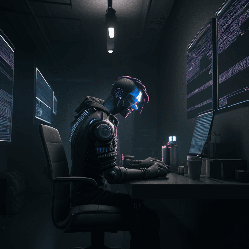 AI generated: The apartment is dark, with only the light from the screens illuminating the room. The programmer is...