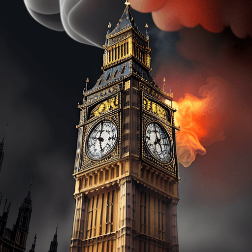 AI generated: big ben burning, glowing flames coming out, explosion, smoke, 4k