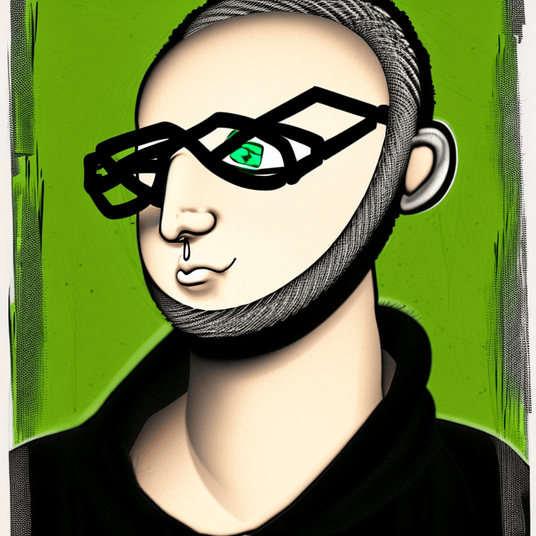 AI generated: 
poetic image of a man without hair, with vintage black glasses and green eyes, whose gaze is turned...