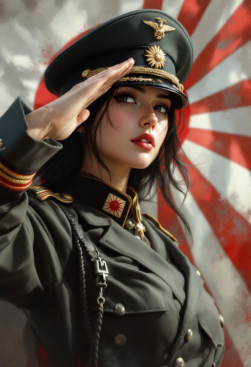 AI generated: Paint a beautiful japanese army girl,black hair,japanese empire ww2 officer uniform ,japanese empire...