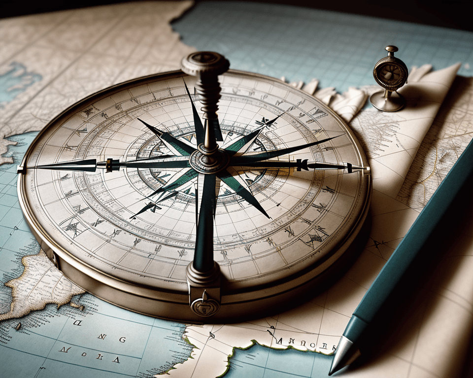 AI generated: High resolution photography interior design, Historical world map with a small compass on it, single...