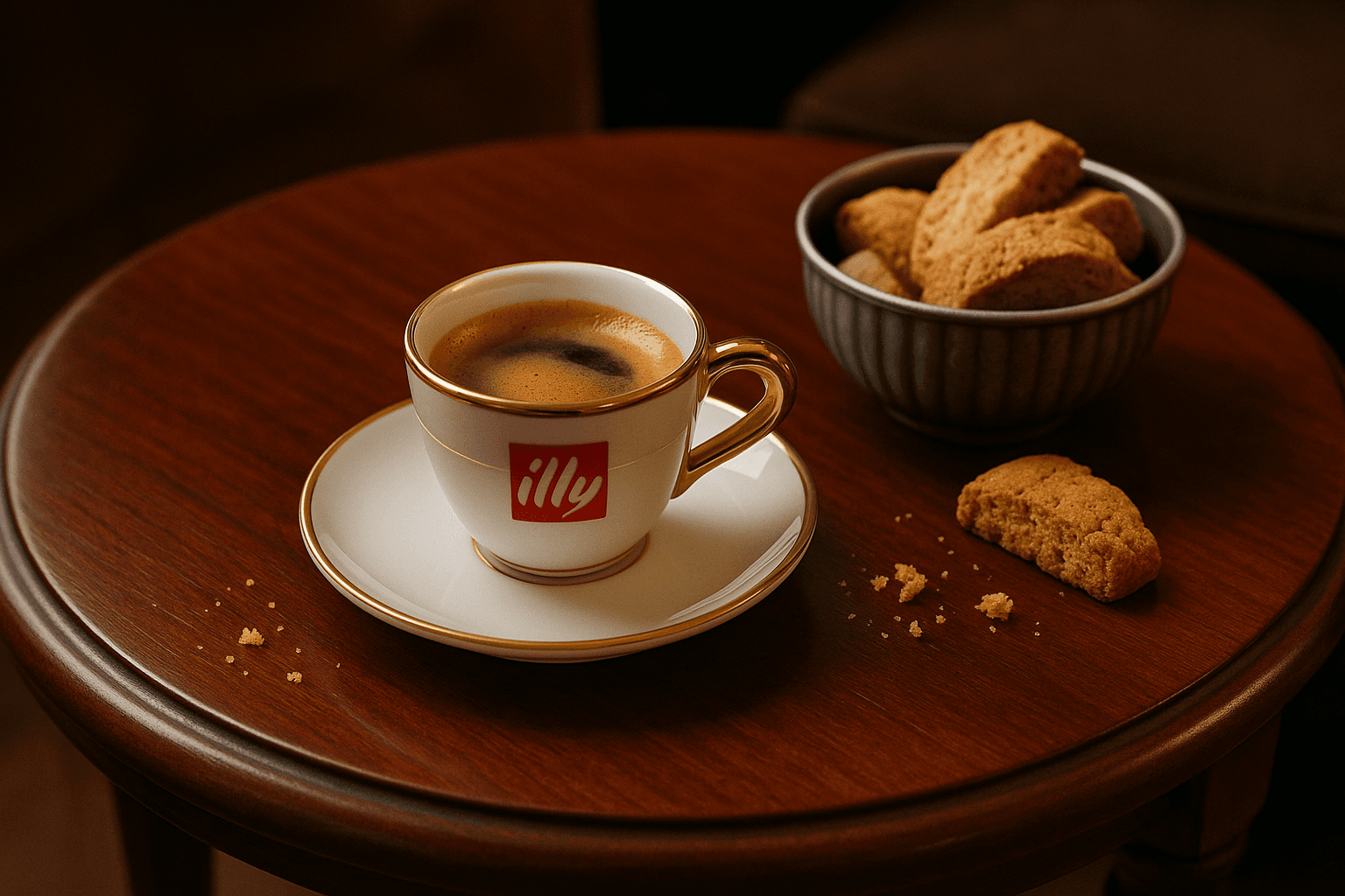 AI generated: a small club table made of polished mahogany, on it a cup with espresso, decorated with gold, add a ...