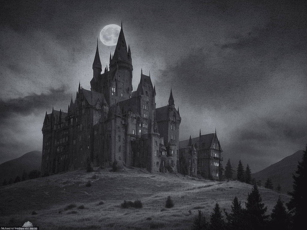 AI generated: The image depicts a hauntingly beautiful, dark, and ominous scene of a castle in the mountains, with...