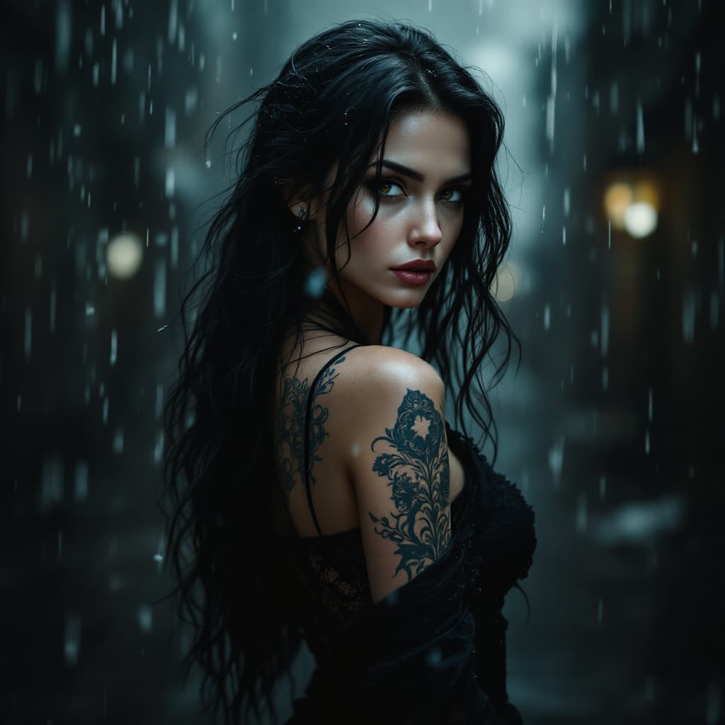 AI generated: A woman stands with her back turned, She has long, dark hair and striking brown eyes. Her outfit is ...