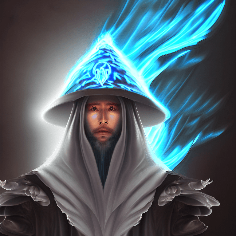 AI generated: a fancy portrait of a beautiful dark magician man wearing a large witches hat covered in light blue ...
