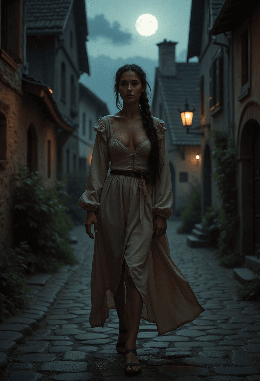 AI generated: medieval village, night, dark, dimly lit, a gorgeous maiden walks down the street, wearing a canvas ...