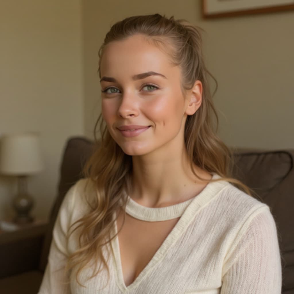 AI generated: fantasy art, woman , young, messy ponytail dark blonde hair, grey  eyes, sitting on sofa, small brea...
