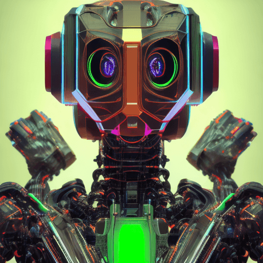 AI generated: 3d rendering, robot, front view, upper-body, neon glow with deep orange and green, gaze, glistening ...