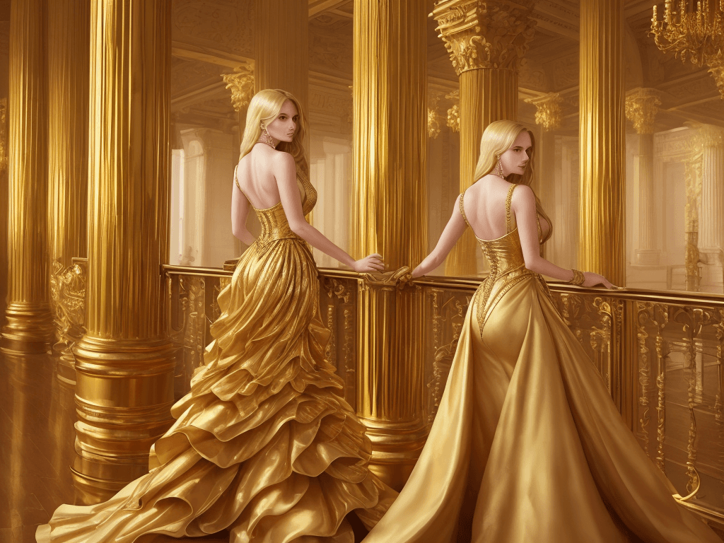 AI generated: a woman in a gold dress with a long train, standing in a large room with tall ceilings and columns. ...