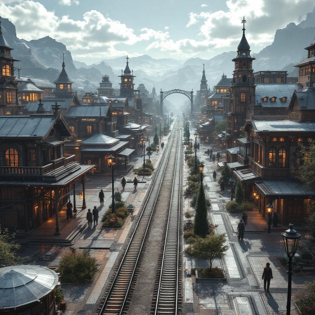 AI generated: Display an aerial view of a sleek, futuristic Old West City, a reminder of the rough terrain of the ...