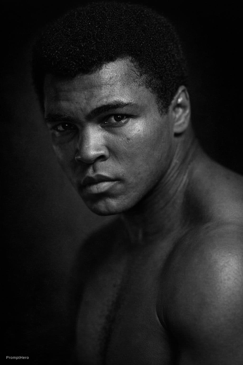 AI generated: Ultra-realistic black and white cinematic portrait of Mohammed Ali, dramatic side lighting, deep sha...