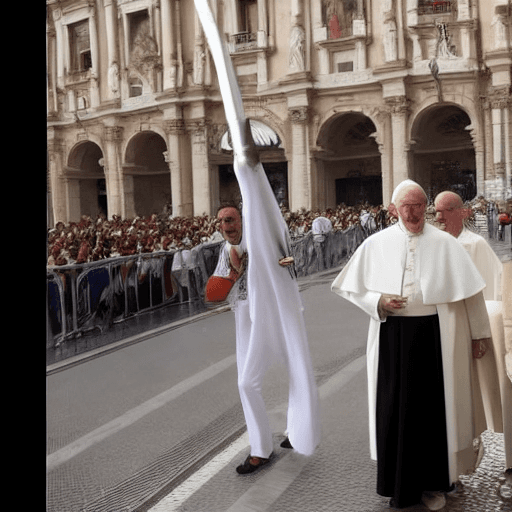 AI generated: medio cuerpo del papa francisco, tiene cuernos, caminando por roma, mucho fuego al rededor y llevand...