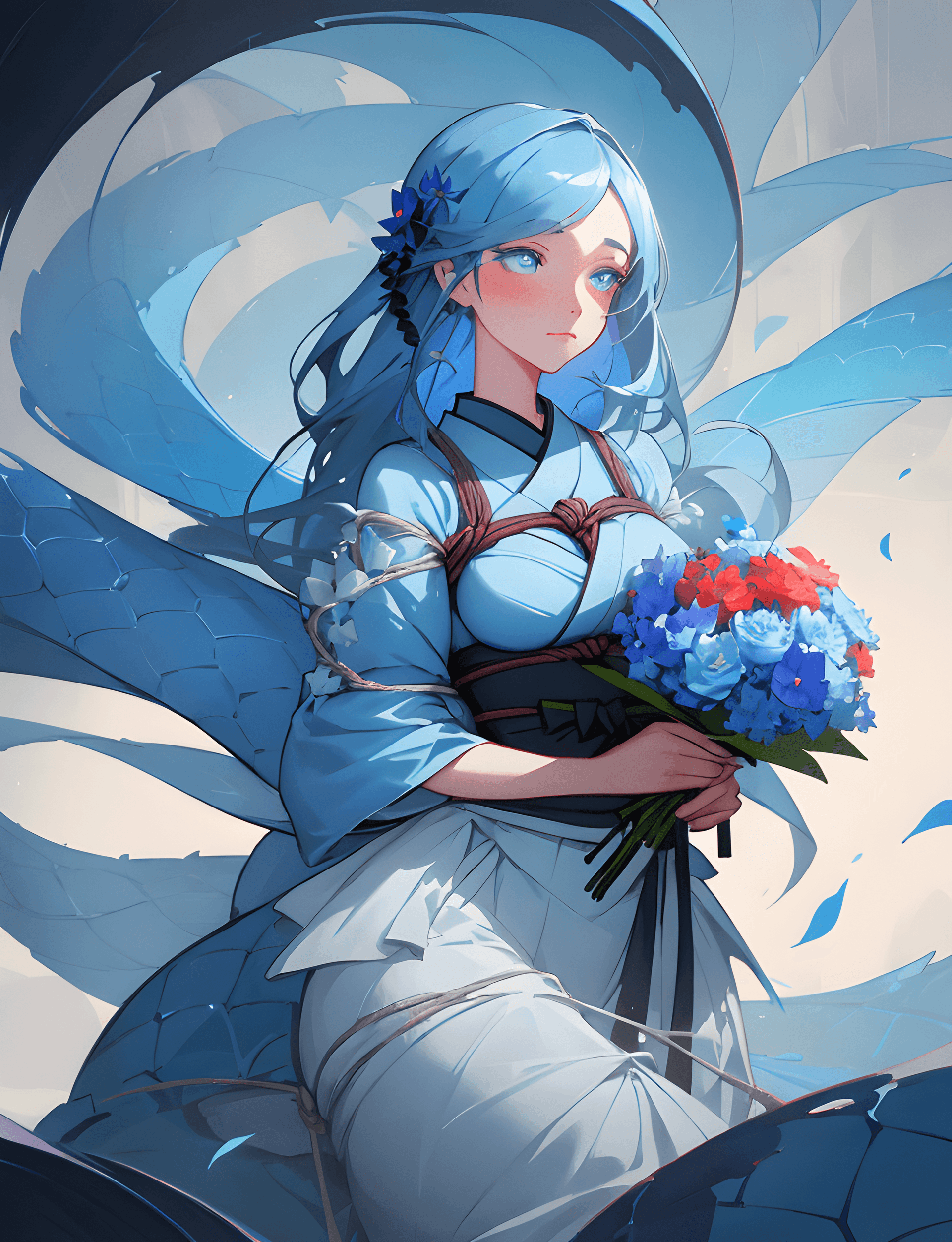 AI generated: a painting of a woman holding a bouquet of flowers, inspired by Cyril Rolando, Artstation, process a...
