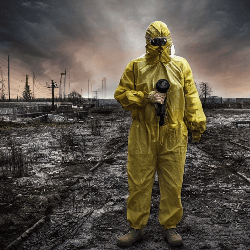 AI generated: Chernobyl STALKER hazmat suit holding artifact in hands, dark sci-fi, soldiers in background, Prypia...