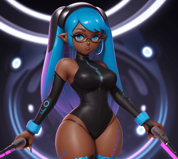 AI generated: inkling goddess adult, thick thighs, dark skin, futuristic setting, hypnotic voice, pop singer, hold...