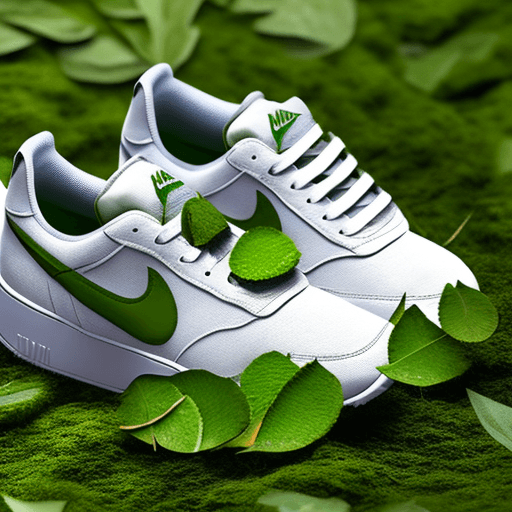 AI generated: nike sneakers made from green leaves and moss, small white flowers growing from moss, white backgrou...