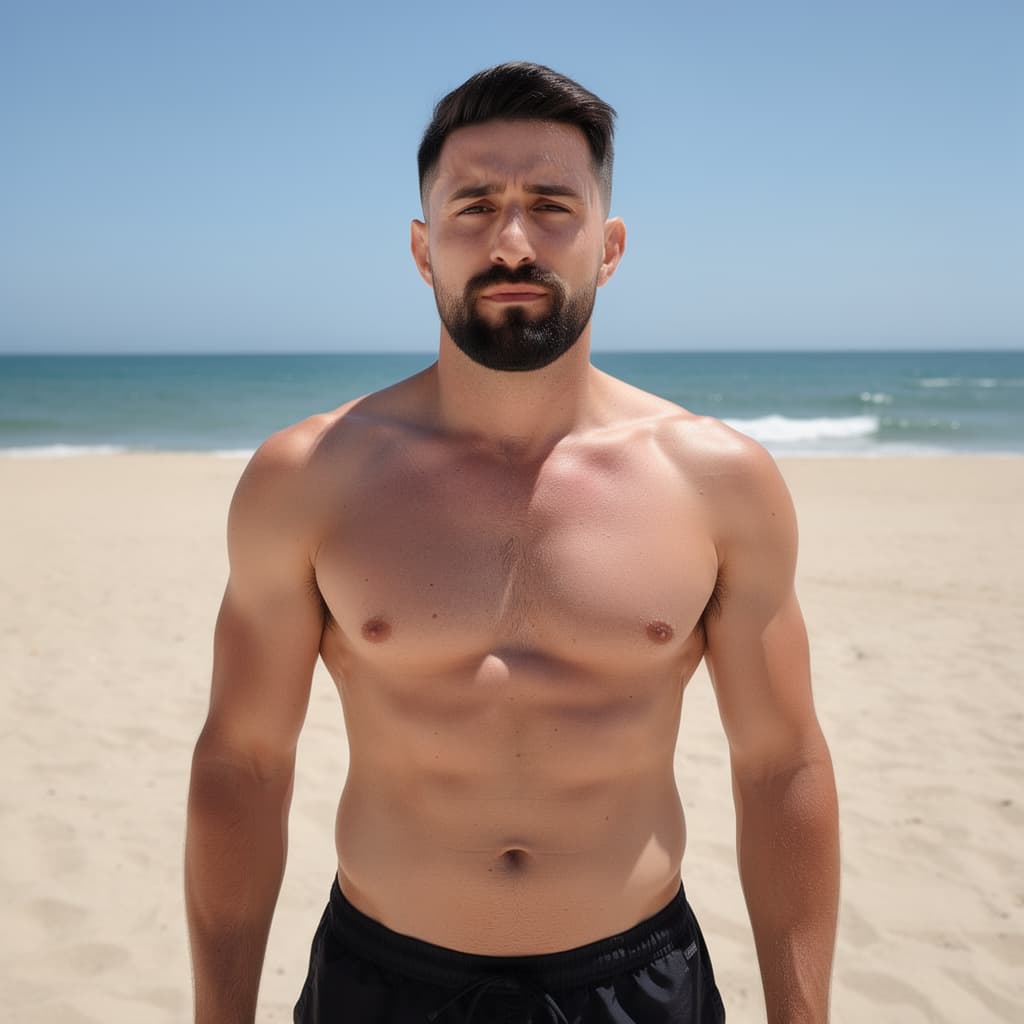 AI generated: A beautifull man at the beach without t-shirt, using a black speedo