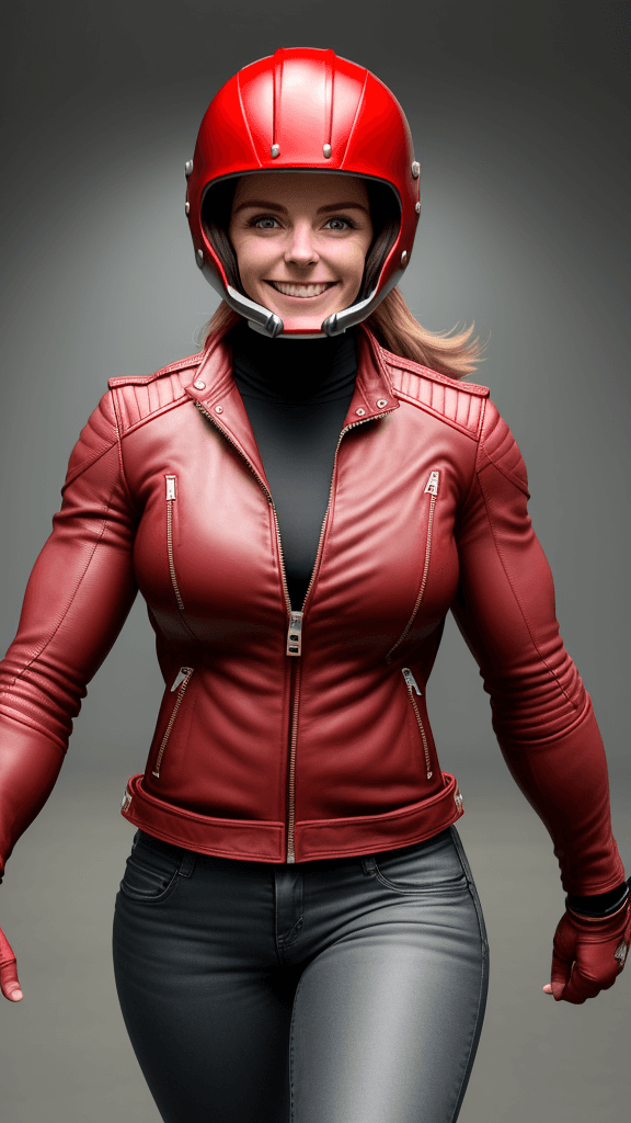 AI generated: 30 year old strong muscular woman, biceps, helmet,face visible through helmet as smiling, wears red ...