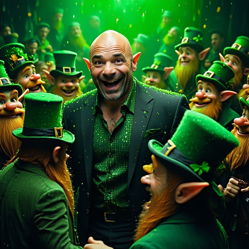AI generated: creme de la creme Joe rogan, showing off how Joe rogan he is to a crowd of leprechauns


