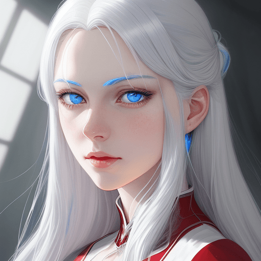 AI generated: the heroine has white hair and blue eyes at the top, in the style of lens flare, painted illustratio...