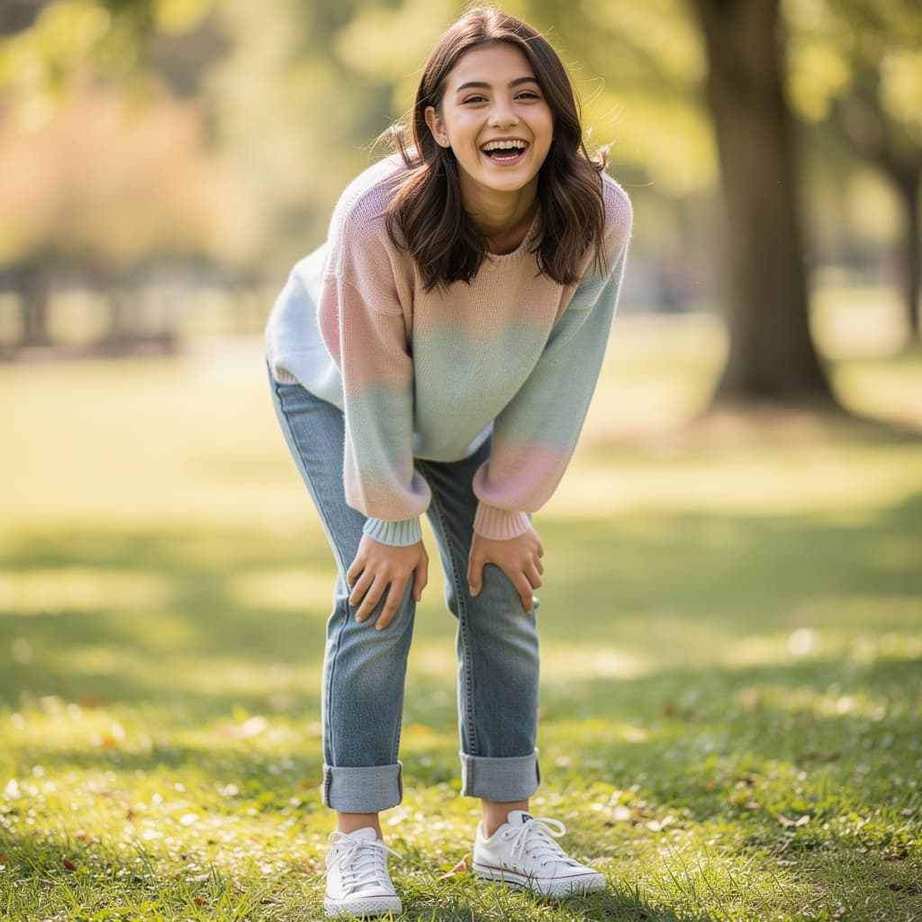 AI generated: A girl bent over smiling 