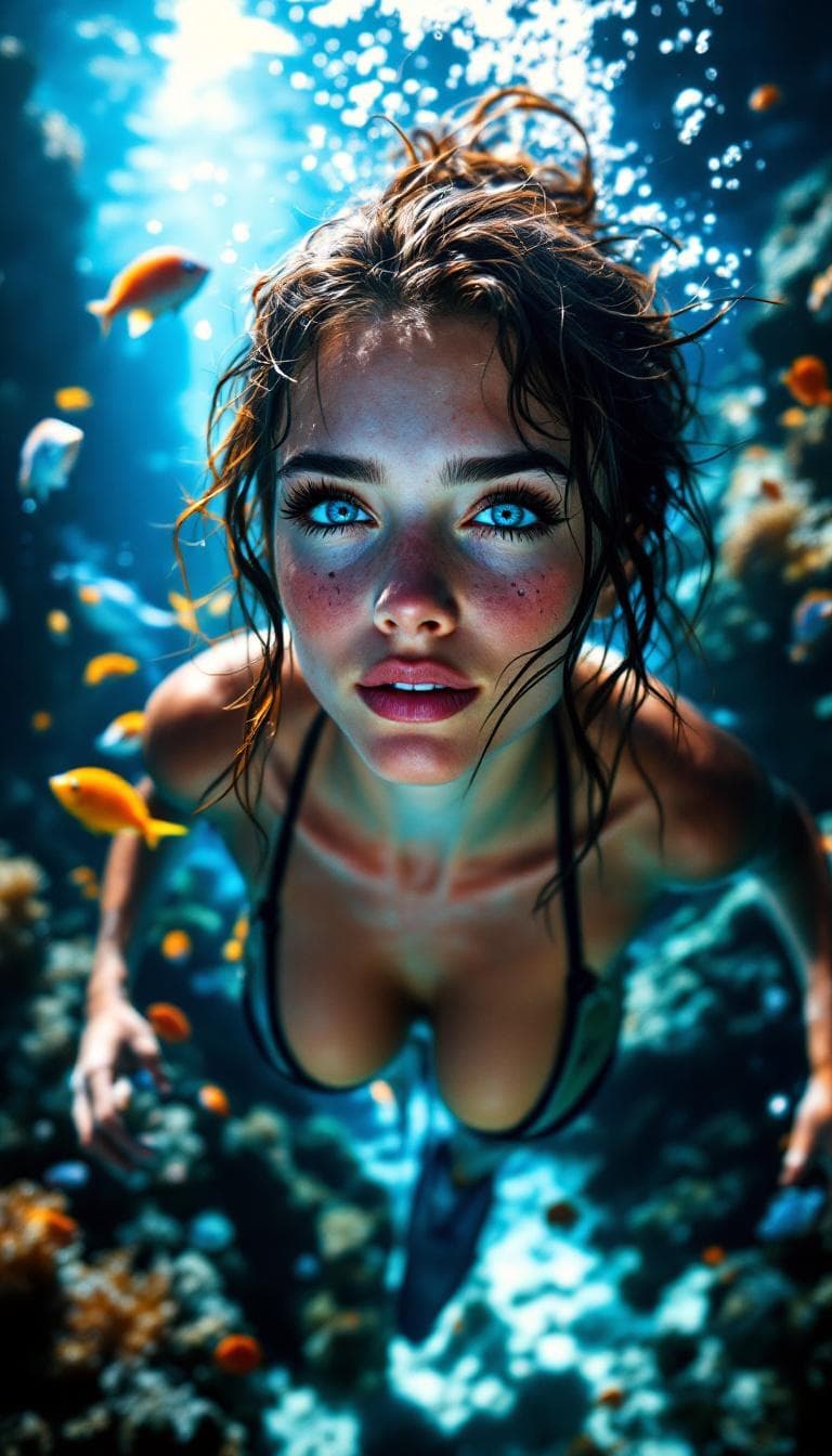 AI generated: Incredibly beautiful Norwegian with blue eyes, long eyelashes, black eyeliner, freckles, messy wet h...