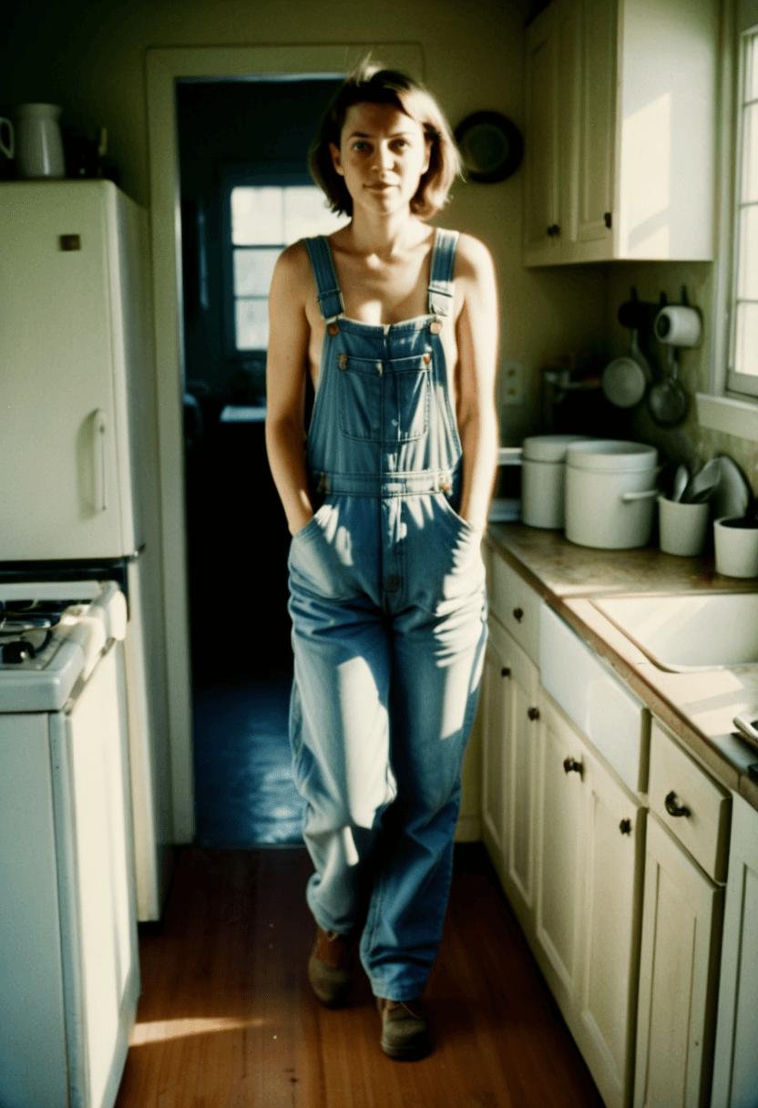 AI generated: This is a candid, full body, analog film photograph of a woman wearing overalls and nothing else whi...